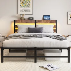 Lit 140x200 cm avec rangement sous le lit et éclairage LED RGB, cadre métal et surface boisée noir brun