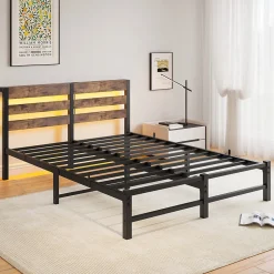 Lit 140x200 cm avec rangement sous le lit et éclairage LED RGB, cadre métal et surface boisée noir brun