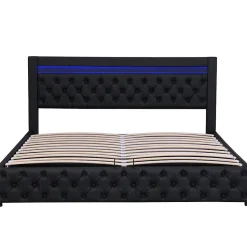 Lit 160x200 cm avec rangement, tête de lit rembourrée et éclairage LED, tapissé PU noir, sommier inclus