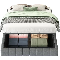 Lit 140x200 cm avec rangement, tapissé lin gris, éclairage LED multicolore intégré, sans tête de lit