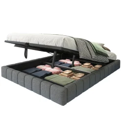 Lit 140x200 cm avec rangement, tapissé lin gris, éclairage LED multicolore intégré, sans tête de lit