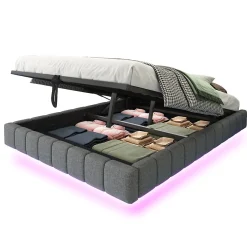 Lit 140x200 cm avec rangement, tapissé lin gris, éclairage LED multicolore intégré, sans tête de lit