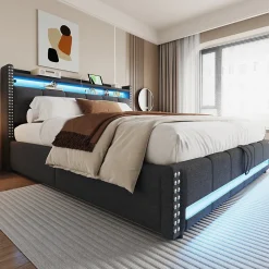 Lit 180x200 cm avec rangement, tête de lit éclairée led et revêtement en lin gris, système hydraulique