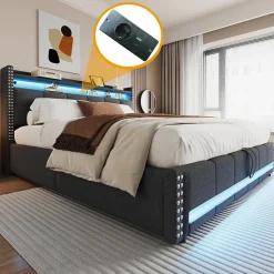 Lit 180x200 cm avec rangement, tête de lit éclairée led et revêtement en lin gris, système hydraulique