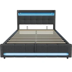 Lit 180x200 cm avec rangement, tête de lit éclairée led et revêtement en lin gris, système hydraulique