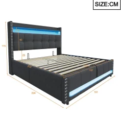 Lit 180x200 cm avec rangement, tête de lit éclairée led et revêtement en lin gris, système hydraulique