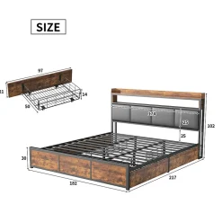 Lit 180x200 cm avec sommier à lattes, LED, 4 tiroirs, Adolescents, sans matelas