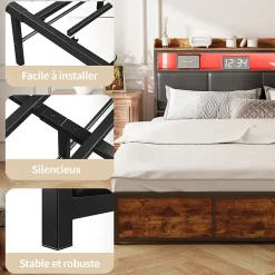 Lit 180x200 cm avec sommier à lattes, LED, 4 tiroirs, Adolescents, sans matelas