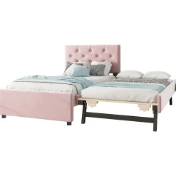 Lit 90x200 cm avec sommier à lattes et tiroir roulant, tête de lit capitonnée à boutons, tapissé velours rose