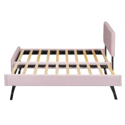 Lit 90x200 cm avec sommier à lattes et tiroir roulant, tête de lit capitonnée à boutons, tapissé velours rose