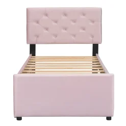 Lit 90x200 cm avec sommier à lattes et tiroir roulant, tête de lit capitonnée à boutons, tapissé velours rose