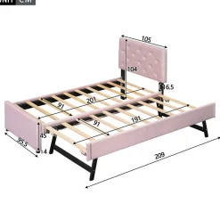 Lit 90x200 cm avec sommier à lattes et tiroir roulant, tête de lit capitonnée à boutons, tapissé velours rose