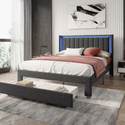 Lit 160x200 cm avec sommier à Lattes et tiroir, Lit rembourré avec USB et LED, Gris