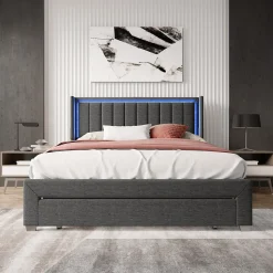 Lit 160x200 cm avec sommier à Lattes et tiroir, Lit rembourré avec USB et LED, Gris