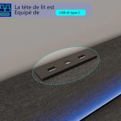 Lit 160x200 cm avec sommier à Lattes et tiroir, Lit rembourré avec USB et LED, Gris