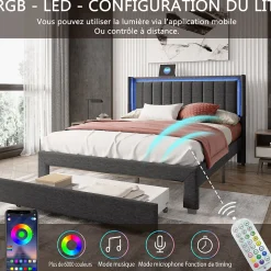 Lit 160x200 cm avec sommier à Lattes et tiroir, Lit rembourré avec USB et LED, Gris