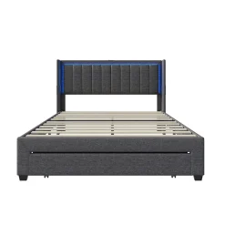 Lit 160x200 cm avec sommier à Lattes et tiroir, Lit rembourré avec USB et LED, Gris