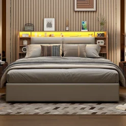 Lit 160x200 cm avec sommier à lattes, rangement LED, tête de lit 3 compartiments, polyuréthane blanc, fonction lift hydraulique.