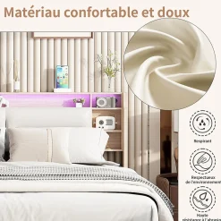 Lit 160x200 cm avec sommier à lattes, rangement LED, tête de lit 3 compartiments, polyuréthane blanc, fonction lift hydraulique.