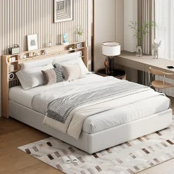 Lit 160x200 cm avec sommier à lattes, rangement LED, tête de lit 3 compartiments, polyuréthane blanc, fonction lift hydraulique.