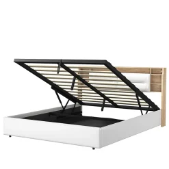 Lit 160x200 cm avec sommier à lattes, rangement LED, tête de lit 3 compartiments, polyuréthane blanc, fonction lift hydraulique.
