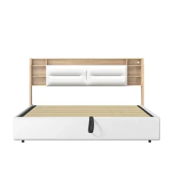Lit 160x200 cm avec sommier à lattes, rangement LED, tête de lit 3 compartiments, polyuréthane blanc, fonction lift hydraulique.