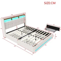 Lit 140x190 cm avec sommier éclairage LED et USB, 4 tiroirs et tête de lit de Rangement, Lin, Beige