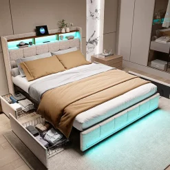 Lit 140x190 cm avec sommier éclairage LED et USB, 4 tiroirs et tête de lit de Rangement, Lin, Beige