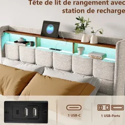 Lit 140x190 cm avec sommier éclairage LED et USB, 4 tiroirs et tête de lit de Rangement, Lin, Beige