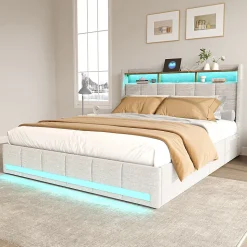 Lit 140x190 cm avec sommier éclairage LED et USB, 4 tiroirs et tête de lit de Rangement, Lin, Beige