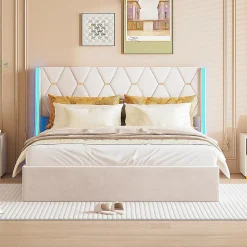 Lit 140x190 cm avec Sommier et LED, Lit Coffre 140x190 sommier à Lattes, Velours, Beige