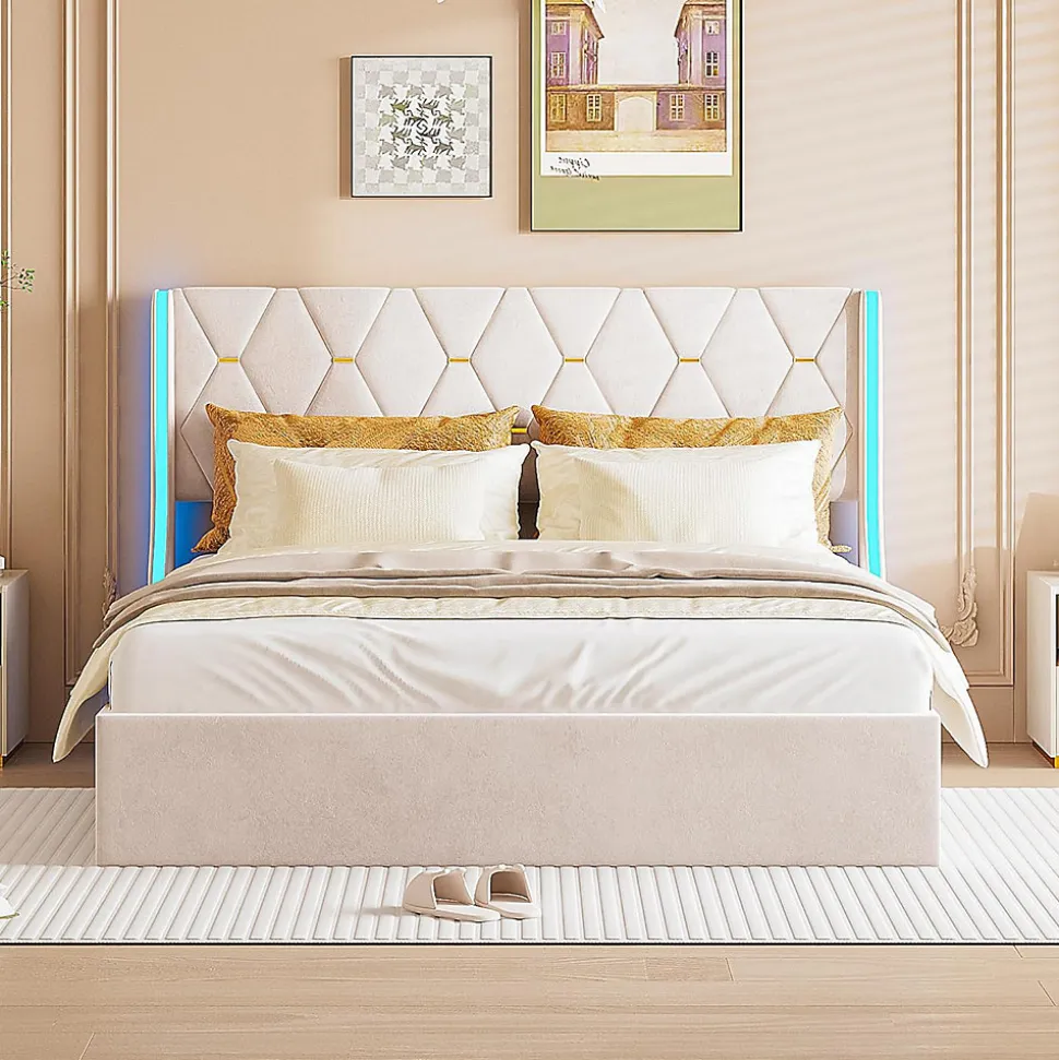 Lit 140x190 cm avec Sommier et LED, Lit Coffre 140x190 sommier à Lattes, Velours, Beige