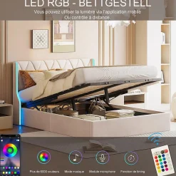 Lit 140x190 cm avec Sommier et LED, Lit Coffre 140x190 sommier à Lattes, Velours, Beige