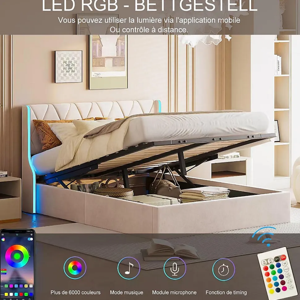 Lit 140x190 cm avec Sommier et LED, Lit Coffre 140x190 sommier à Lattes, Velours, Beige