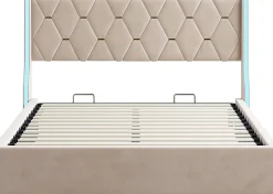 Lit 140x190 cm avec Sommier et LED, Lit Coffre 140x190 sommier à Lattes, Velours, Beige