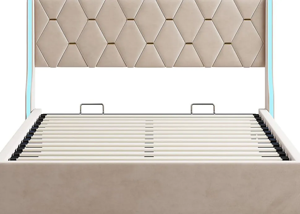 Lit 140x190 cm avec Sommier et LED, Lit Coffre 140x190 sommier à Lattes, Velours, Beige