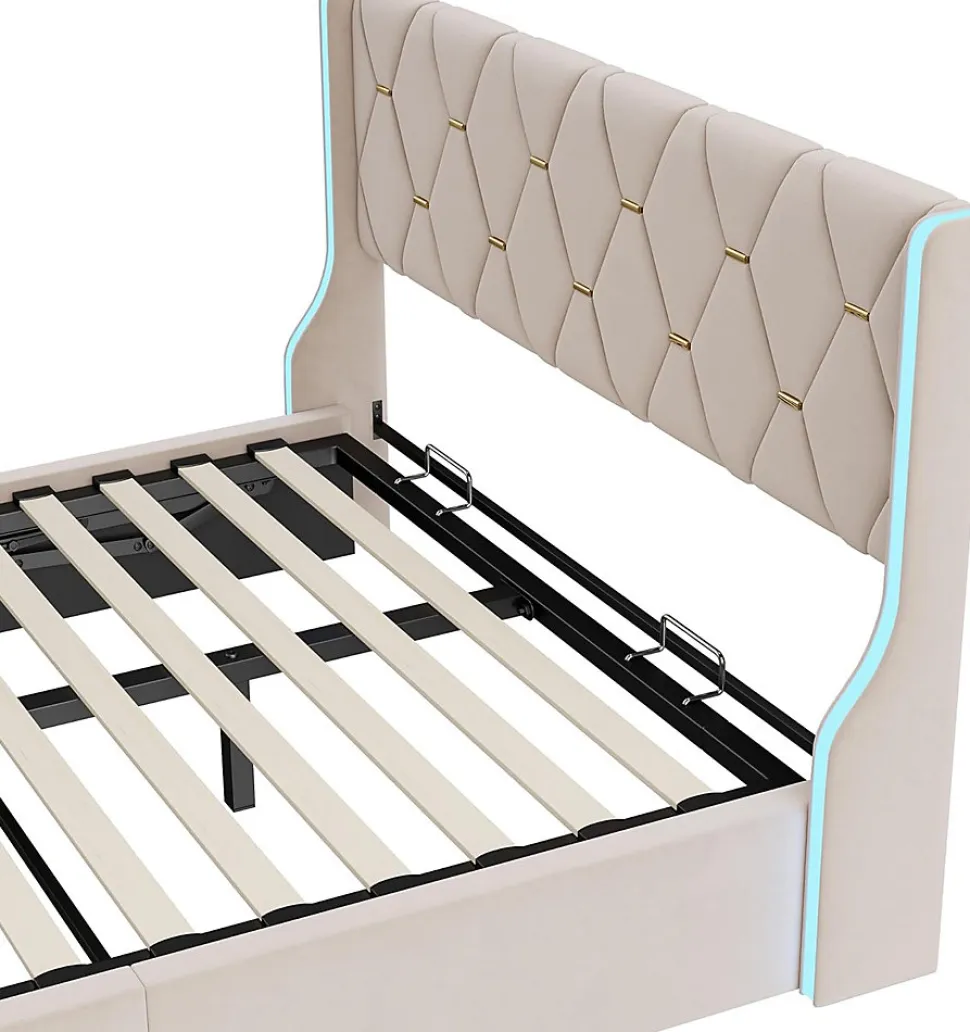 Lit 140x190 cm avec Sommier et LED, Lit Coffre 140x190 sommier à Lattes, Velours, Beige