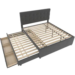 Lit 140x200 cm avec sommier gigogne et 3 tiroirs, tête de lit réglable, tapissé lin gris, cadre bois robuste