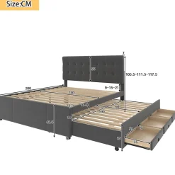 Lit 140x200 cm avec sommier gigogne et 3 tiroirs, tête de lit réglable, tapissé lin gris, cadre bois robuste