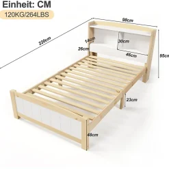 Lit 90x200 cm avec tete de rangement integree, sommier a lattes, bois massif et MDF, finitions naturel blanc, pied bas 48 cm