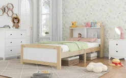 Lit 90x200 cm avec tete de rangement integree, sommier a lattes, bois massif et MDF, finitions naturel blanc, pied bas 48 cm