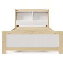 Lit 90x200 cm avec tete de rangement integree, sommier a lattes, bois massif et MDF, finitions naturel blanc, pied bas 48 cm