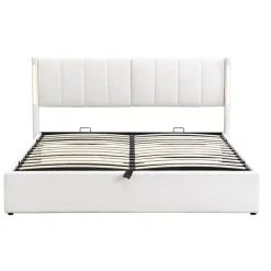 Lit 140x200 cm avec tete reglable 0deg 30deg et eclairage LED dimmable, port USB et revetement PU blanc