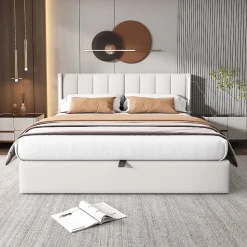 Lit 140x200 cm avec tete reglable 0deg 30deg et eclairage LED dimmable, port USB et revetement PU blanc