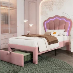 Lit 90x190 cm avec tiroir de rangement, tête de lit velours réglable à motifs floraux et éclairage LED RGB