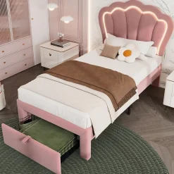 Lit 90x190 cm avec tiroir de rangement, tête de lit velours réglable à motifs floraux et éclairage LED RGB