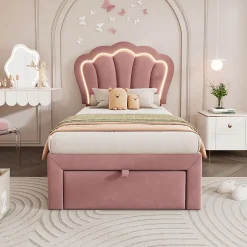 Lit 90x190 cm avec tiroir de rangement, tête de lit velours réglable à motifs floraux et éclairage LED RGB