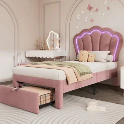 Lit 90x190 cm avec tiroir de rangement, tête de lit velours réglable à motifs floraux et éclairage LED RGB