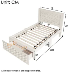Lit 90x190 cm avec tiroir et grand espace sous-lit 26 cm, design créatif en bois blanc, idéal enfant