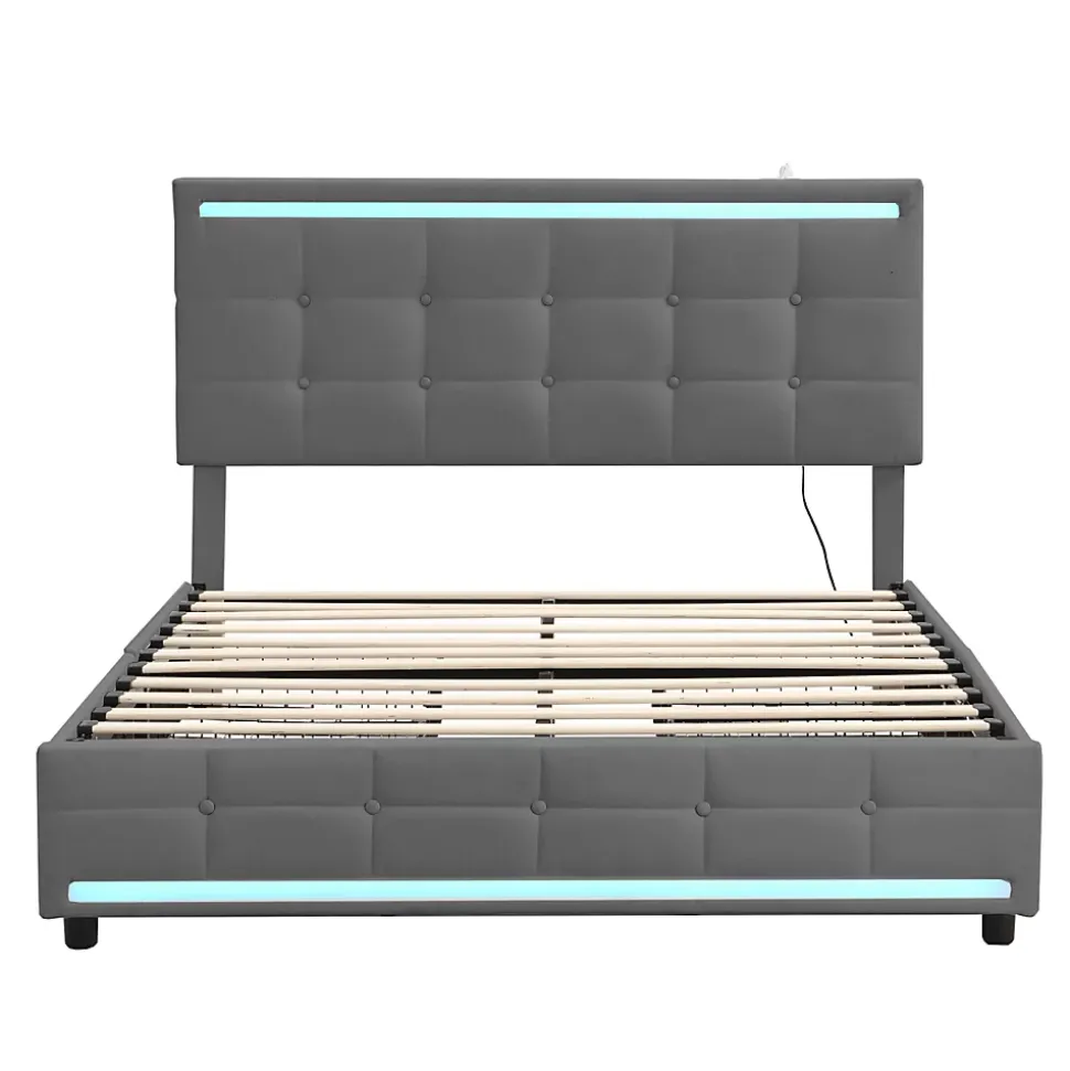 Lit 140x200 cm avec tiroirs, capitonné, rangement, LED, 2 chargeurs USB, sommier à lattes, gris.